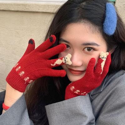 Touchscreen Weihnachtsrote Spaltfinger-Handschuhe für Damen Winter Student Niedlich Koreanischer Stil Dickes Plüsch Reiten Warm Winter Trend