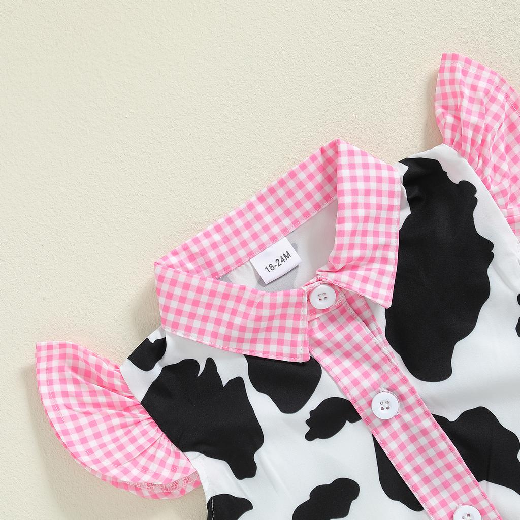 Baby Girl 2Pcs Western Outfits Fly Sleeve Cow Print Shirt + Denim Pants Set Toddler Clothes