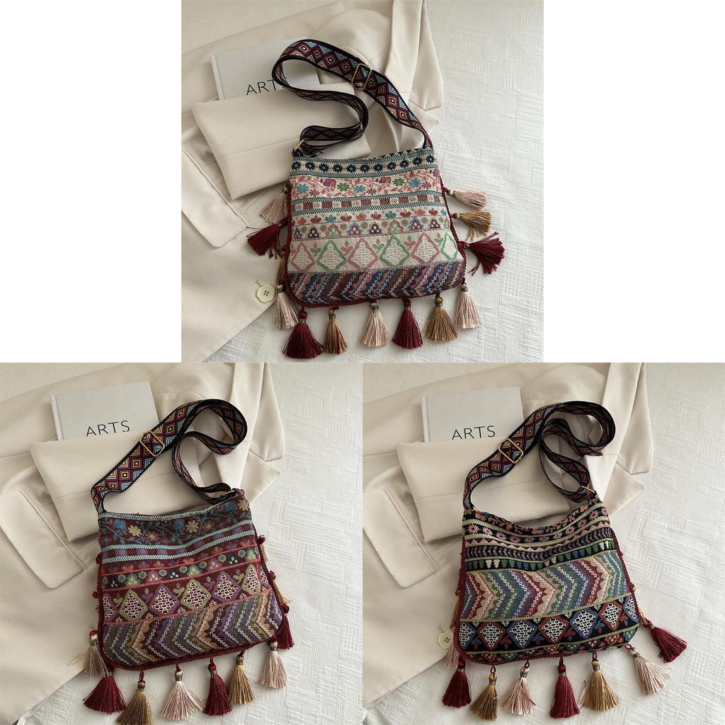 Ethnic Style Fringe Single Shoulder Bag With Zipper Closure For Daily Use