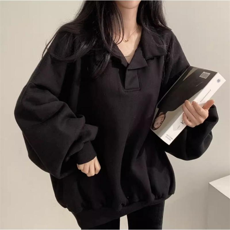 Women Polo Collar Loose Long Sleeve Casual Solid Sweatshirt Top Outerwear