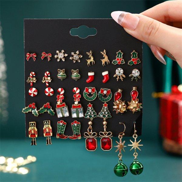 24pcs Christmas Combination Earrings Set for Women Small Shiny Zircon Xmas Tree Santa Claus Snowflake Earring Party Jewelry Gift