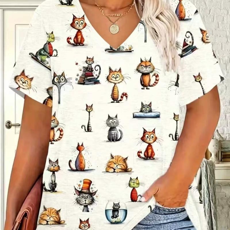 Summer Ladies 3D Printed V-Neck T-Shirt Fashion Versatile Breathable Trend Casual