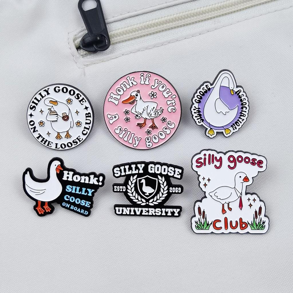 Funny Cartoon Big White Goose Brooch Set - English Letter Accessories for Backpacks & Clothing