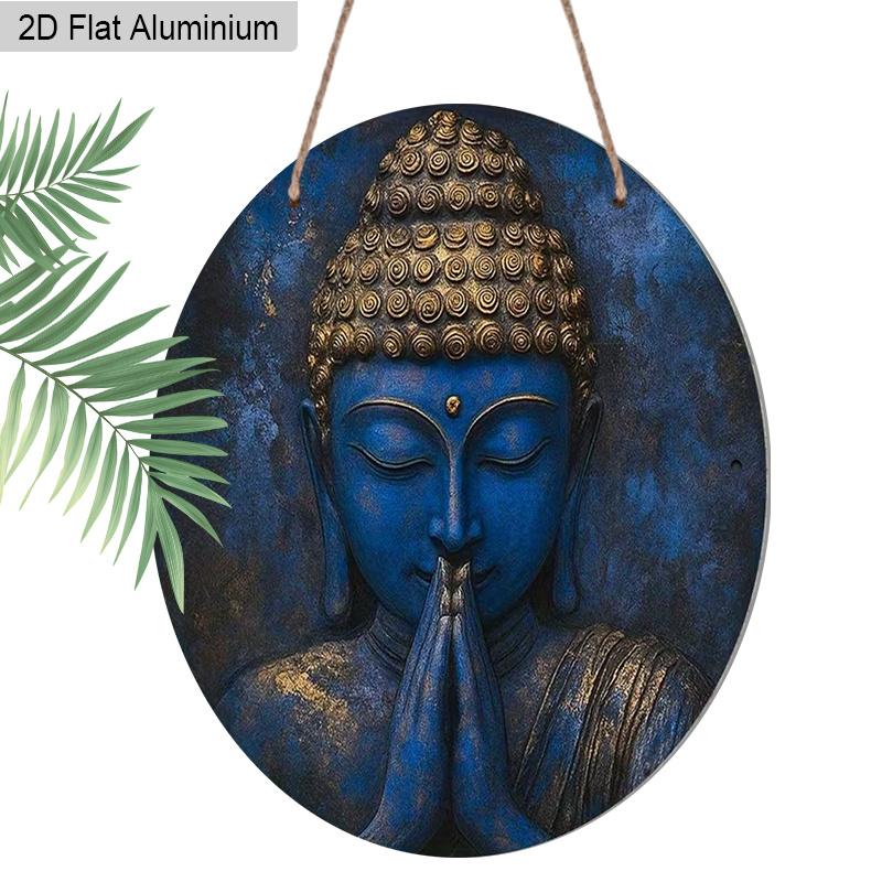 2D Flat Aluminum Vintage Blue Zen Buddha Putuo Round Metal Sign, Man Cave Wall Art Sign for Front Door, Zen Garden Accessories & Meditation Room