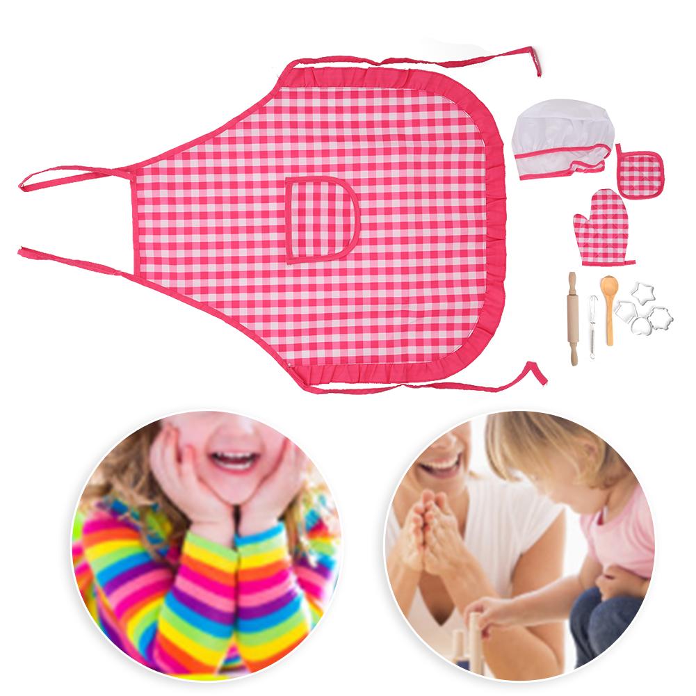 DIY Kid Cooking Baking Set Kitchen Role Play Apron Children Cooking Toys GiftRed Plaid Kitchen Baking Set 11pcs