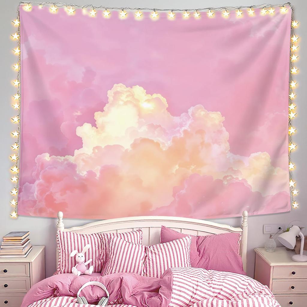 Preppy Pink Cloud Tapestry Wall Hanging, Preppy Room Decor, Pink Clouds Natural Landscape Aesthetic Wall Blanket Decor For Home
