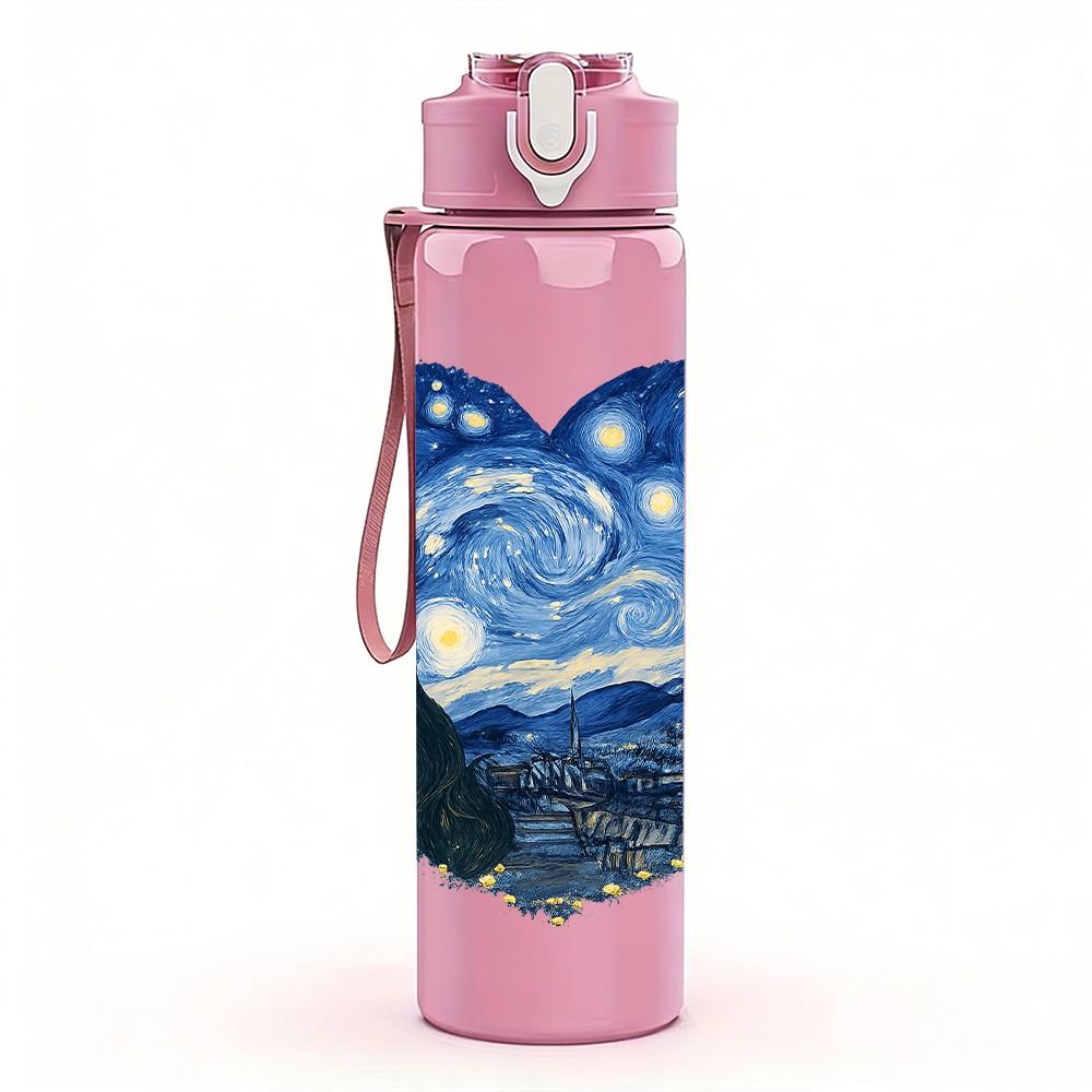 1PC Starry Night Heart Art 750ml Color Plastic Sports Water Bottle Leakproof Flip Straw Lid Suitable for Sports Office Home Use
