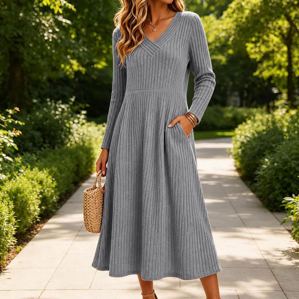 Women's Casual Loose Fit Ribbed Knit V-Neck Dress with Pockets Vintage for Everyday Wear