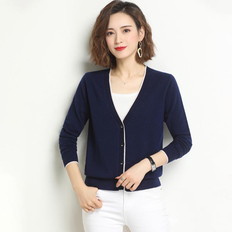 

Женский осенний вязаный кардиган с V-образным вырезом: Темпераментное приталенное шерстяное пальто с длинным рукавом Large синий