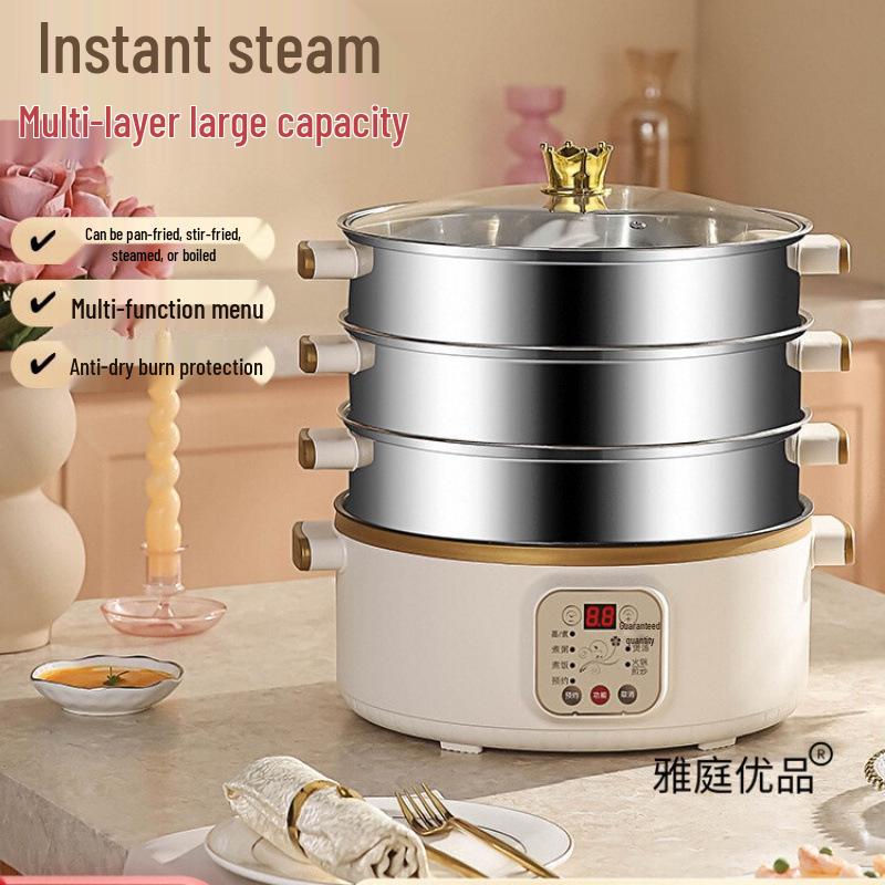 Wielofunkcyjny parowar elektryczny: Stal nierdzewna, Trójwarstwowy, Minutnik, do gotowania na parze, gotowania i duszenia