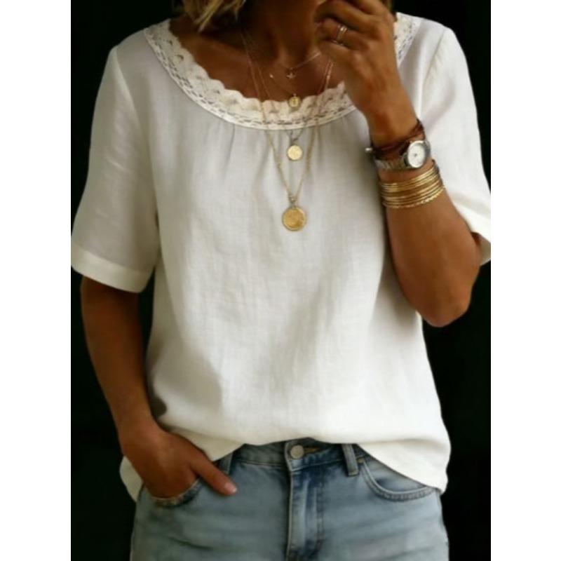 Women Lace Trim Patchwork Round Neck Short Sleeve Loose Linen Blouse S белый