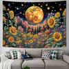 Vibrant Sunflower & Moon Tapestry, Magical Forest with Stars & Mushrooms Print on Black Background, Wall Hanging for Boho Decor