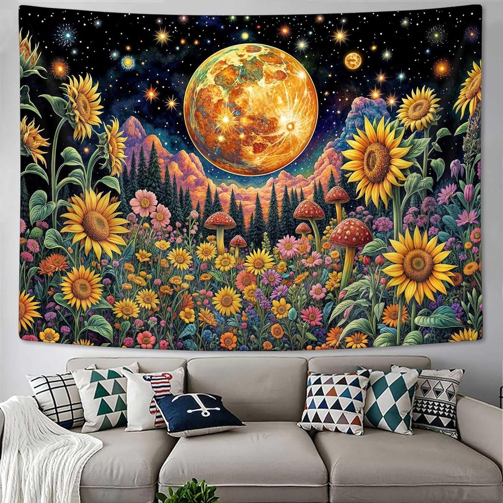 Vibrant Sunflower & Moon Tapestry, Magical Forest with Stars & Mushrooms Print on Black Background, Wall Hanging for Boho Decor