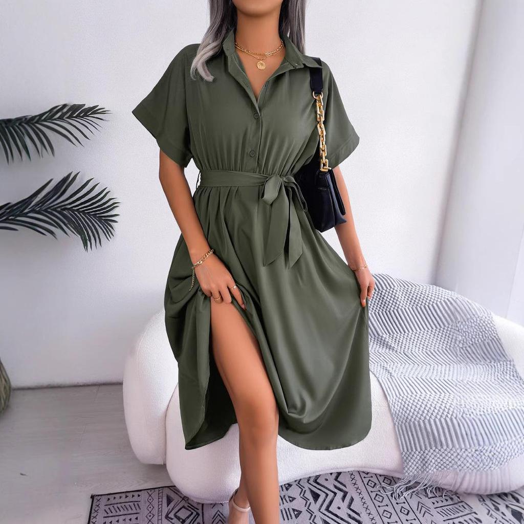 Summer Casual Loose Solid Color Tie-Up Long Shirt Dress for Women