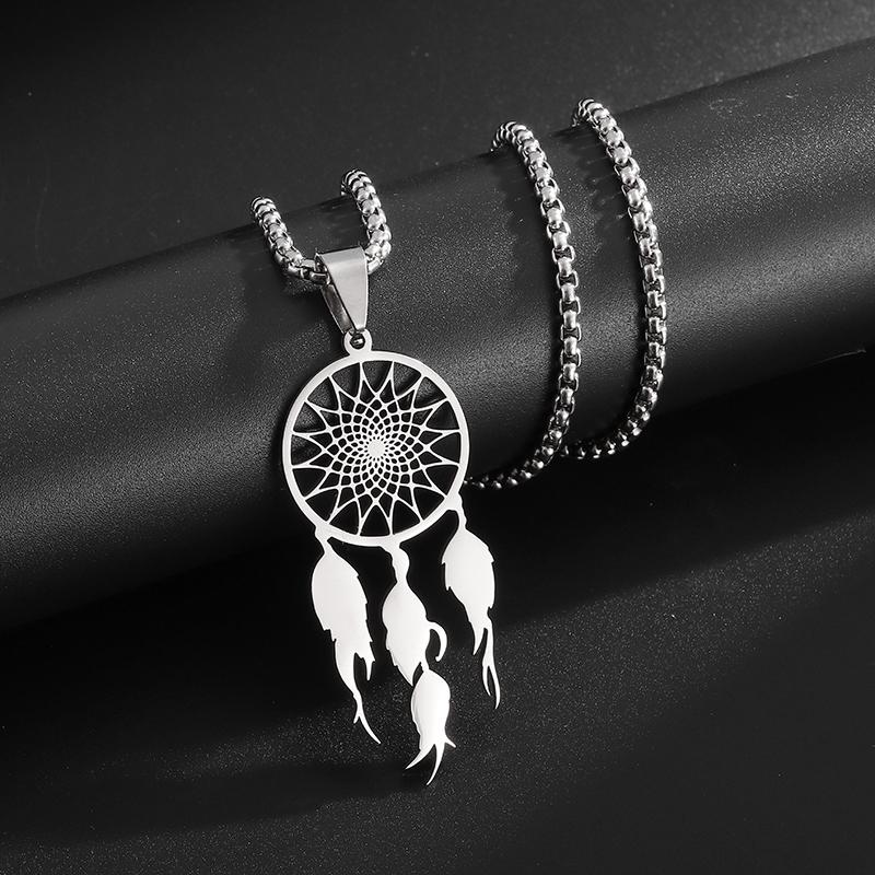 Stainless Steel Tassel Long Dream Catcher Pendant Necklace Fashion Women Retro Bohemian Ethnic Style Lucky Jewelry