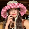 Sun Protection Drawstring Sun Hat Lace Up Plaid Hiking Cap Fashion Heart Printed Bucket Hat  Summer