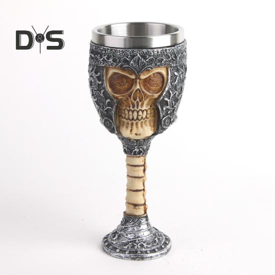 Horrible Resin Skull Head Stainless Steel Wine Cup Goblet Skull Wine Chalice Cup Gothic Halloween Decorative Whiskey Cocktail Beverage Drinking Glass