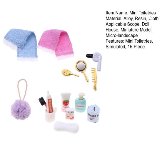15-Piece Mini Bathroom Accessories Set Dollhouse Miniature Toiletries Simulated Mini Bathtub Washbasin Ornament for Doll House Bathroom