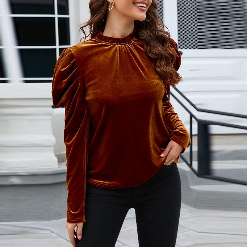 

Autumn Fashion Velvet round Neck Warm Long Sleeves Pullover Brown Size S fit (45.00 kg-55.00 kg