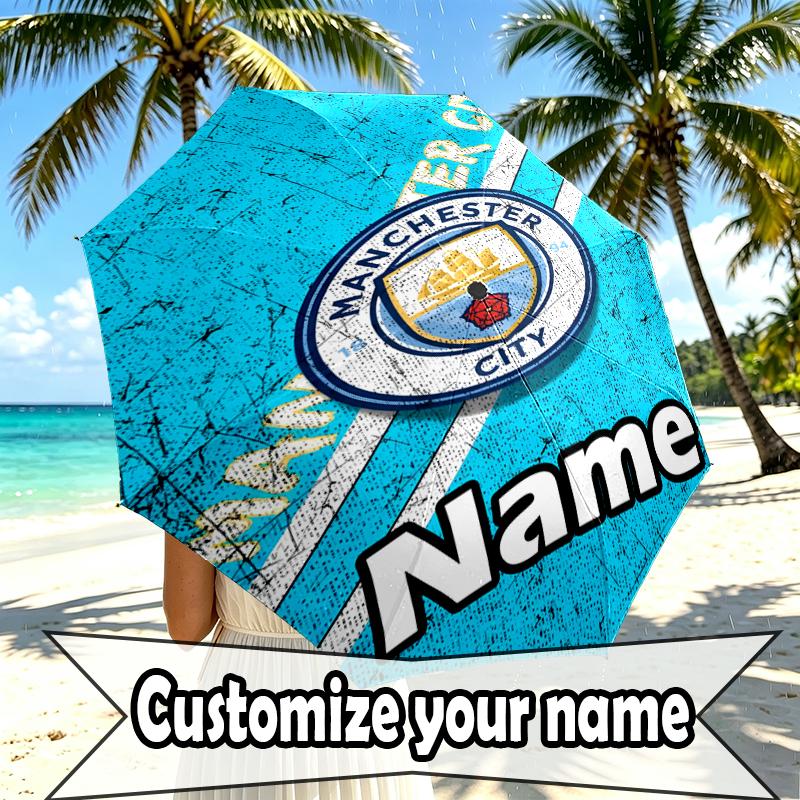 Custom Name Personalized Manchester City FC Print Umbrella, Auto Open Close, 8‑Rib Sturdy Frame, Commute Camping Hiking Use, Birthday Gift