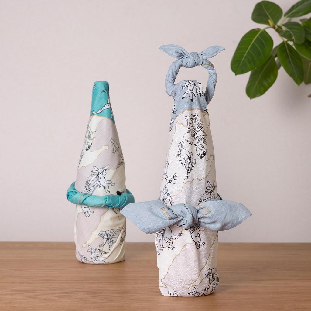 Musubi Furoshiki Choju Jinbutsu Giga of Animals and Lotus Leaf Organic Cotton 100cm, (Caricature People) Design, Turquoise,