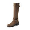 Cowhide version pleated stacked fashion boots women's thick heel thin versatile suede boots western boots tall knight boots