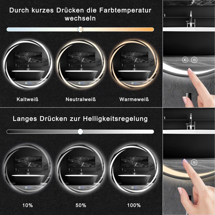 Miroir de salle de bain - NETTLIFE - Miroir rond 70 cm - Éclairage LED dimmable - IP44 - Style scandinave