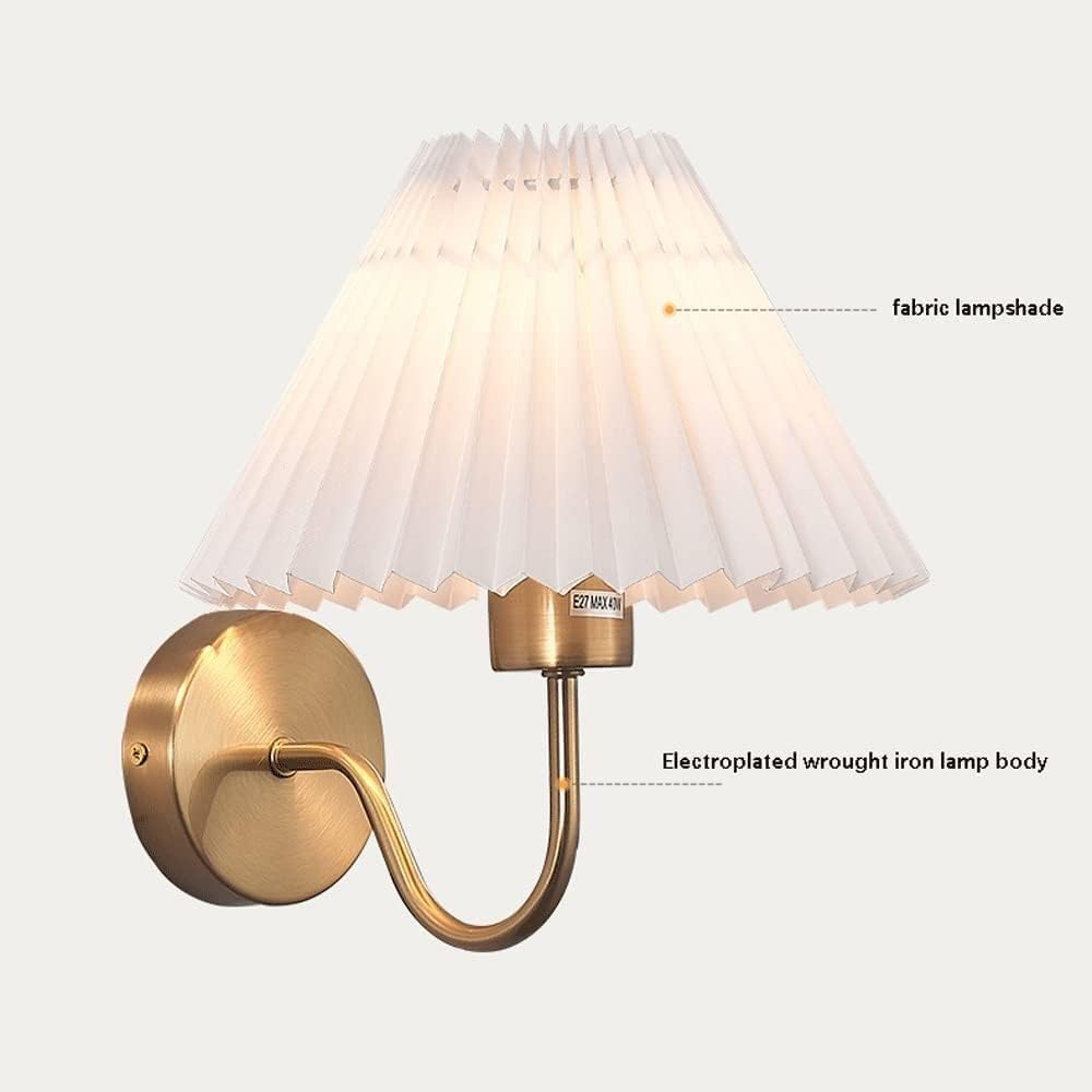 Wall Light with Pleated Fabric Shade, French Retro E27 Wall Lamp Bedroom Antique Brass Finish Wall Sconce for Living Room Study Corridor Dining Room