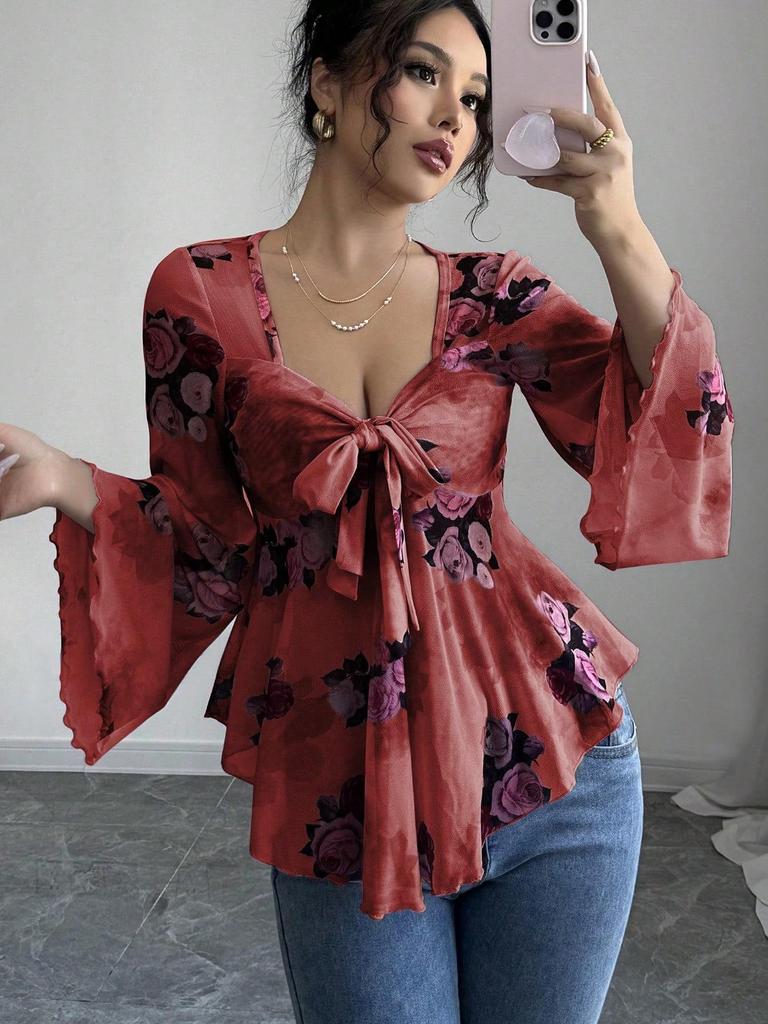 European Floral Gradient Tie-Up Square Neck Long Sleeve Shirt