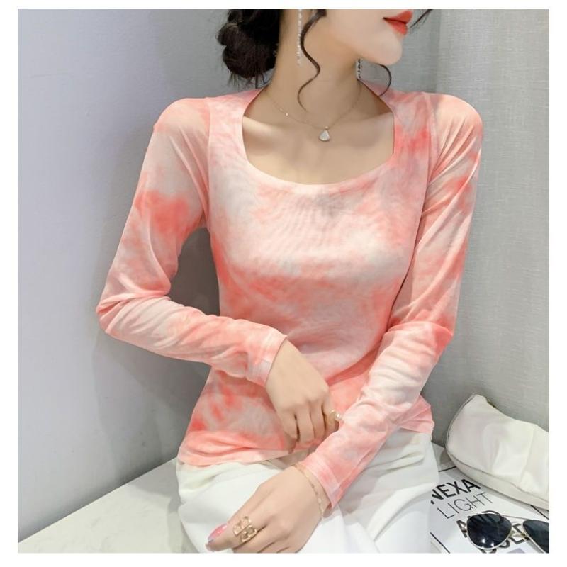 

Fashionable Sfumato Mesh Long-sleeved T-shirt for Women in Spring and Autumn New Textured Square Collar Printed Bottoming Shirt XXL помаранчевий