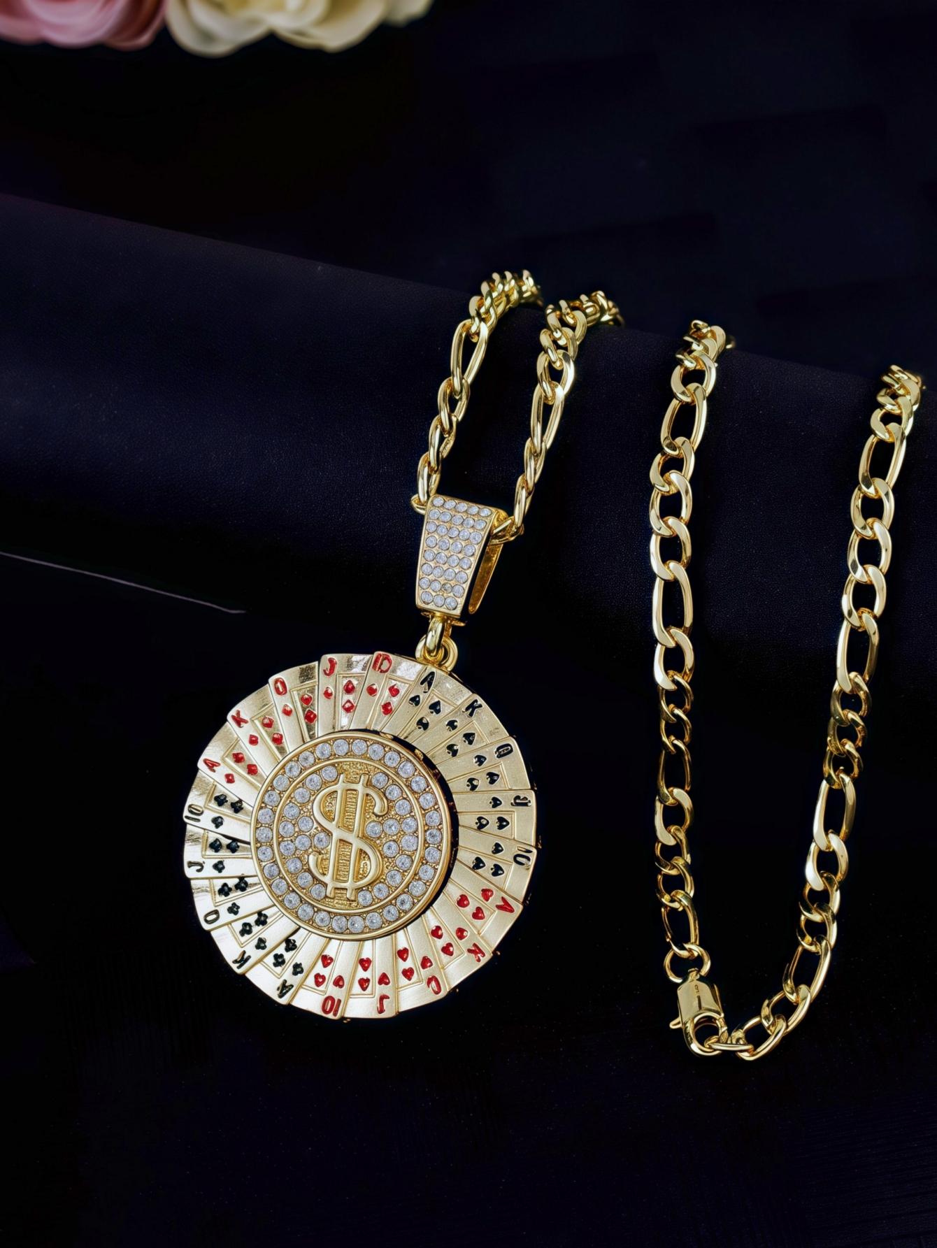 

Gold Plated Spinning Roulette Pendant Prayer hand roulette Necklace with 60cm Length Figaro Chain Unisex Jewelry for Men Women