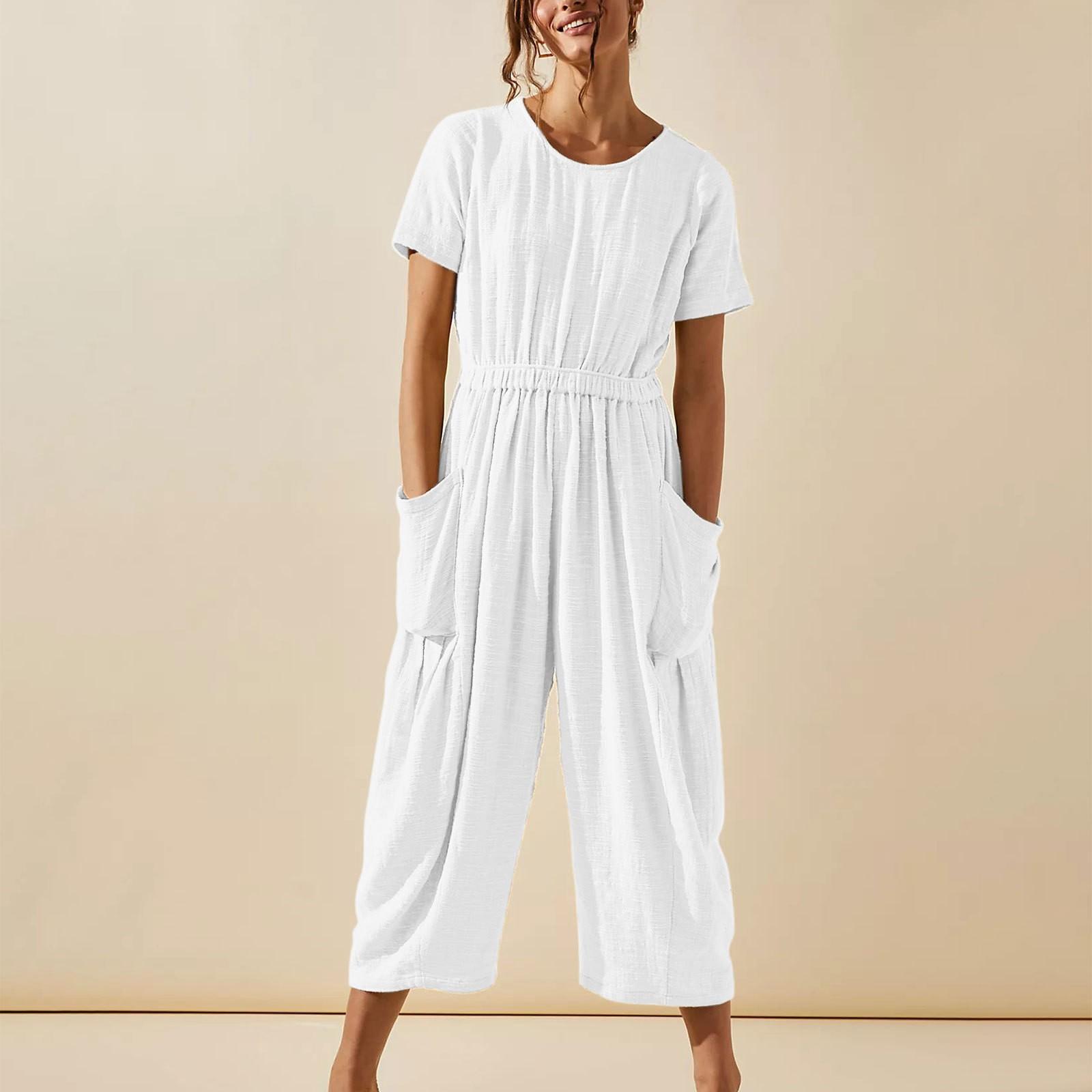 

Женские модные однотонные укороченные брюки с круглым вырезом и короткими рукавами со свободными карманами, комбинезон M белый