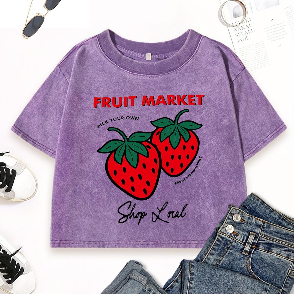 Fruit Market Strawberry Printed Washed T Shirts Women Cotton Slim T-Shirt Summer Crop Clothes Crewneck Streetwear