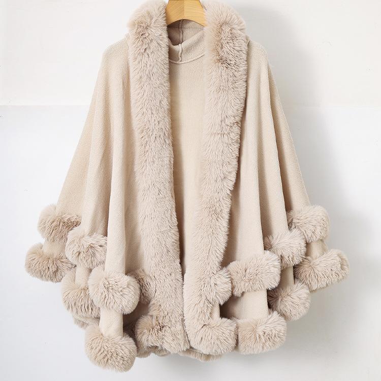 Poncho a mantella da donna con cappuccio e bordi in finta pelliccia, scialle invernale caldo con apertura frontale, mantella oversize