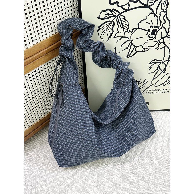 

Корейская ретро клетчатая холщовая сумка женская 2025 новая большая вместительная сумка-тоут на шнурке для通勤 через плечо