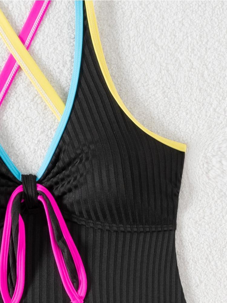 Color Block Ribbed Tank Top High Waist Two Piece Bikini Set Fashion Elegant Summer Wear