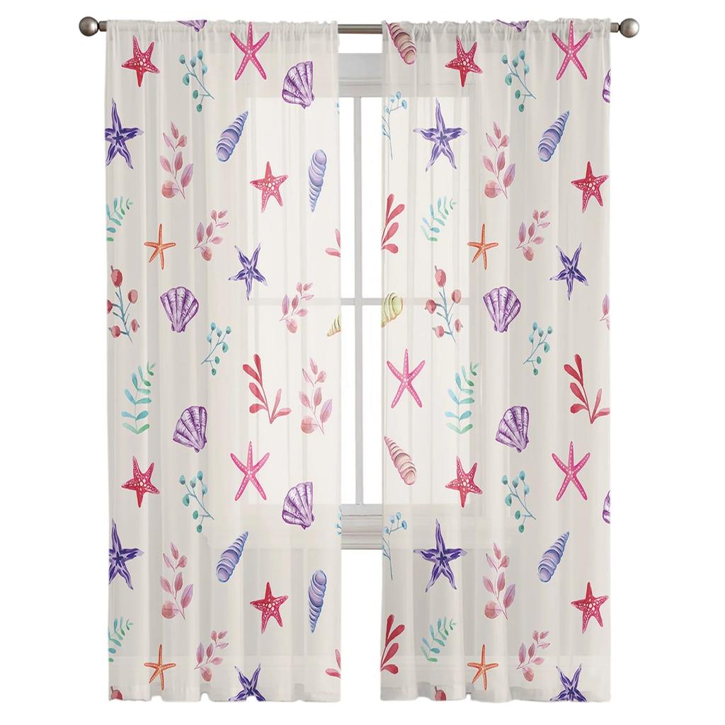 Flower Leaves Shell Starfish Sheer Curtains For Living Room Bedroom Kids Room Tulle Window Treatment Drapes