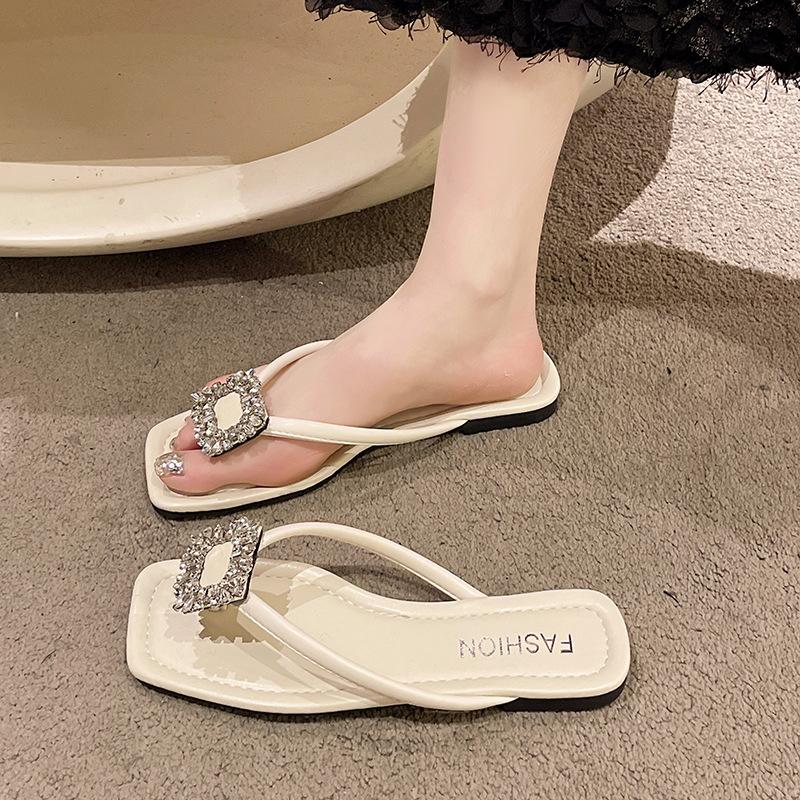Fashion Women's Flip-Flops Luxury Rhinestone Casual Slippers Summer Non Slip Flat Slippers for Women Pinch Toe Beach Slippers Sandalias