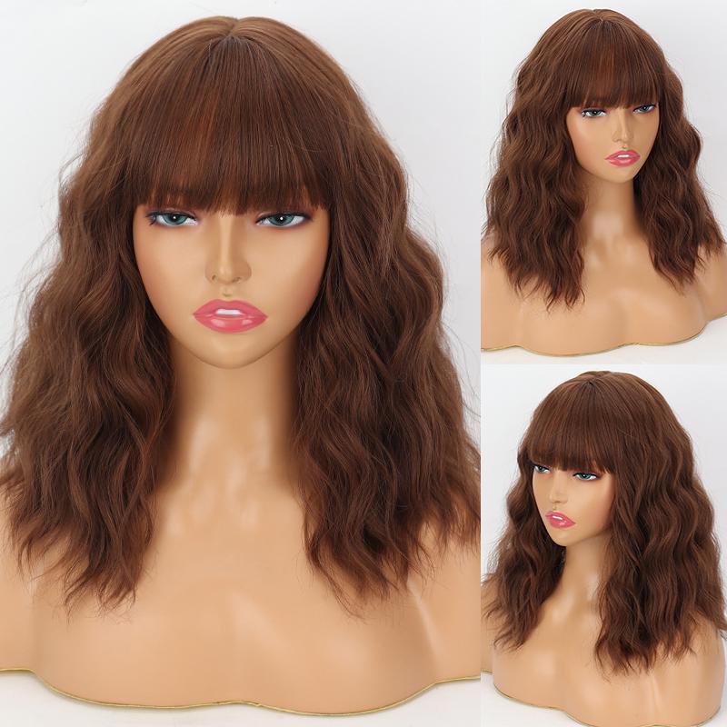 XINRAN Dark Purple Women Fashion Shoulder Length Wavy Bob Wig with Bangs Synthetic Fiber Daily Wear Cosplay Short Wavy Wig