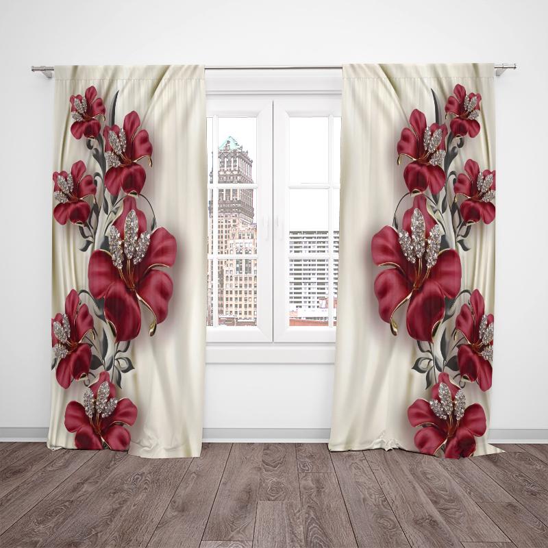2pcs- Passionate Red Flower Polyester Curtains, Bathroom, Bedroom, Living Room, and Family Room Decorative Curtains