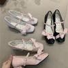 Gentle fairy style Mary Jane shoes spring French cherry pink pearl bow square head shallow mouth high heels