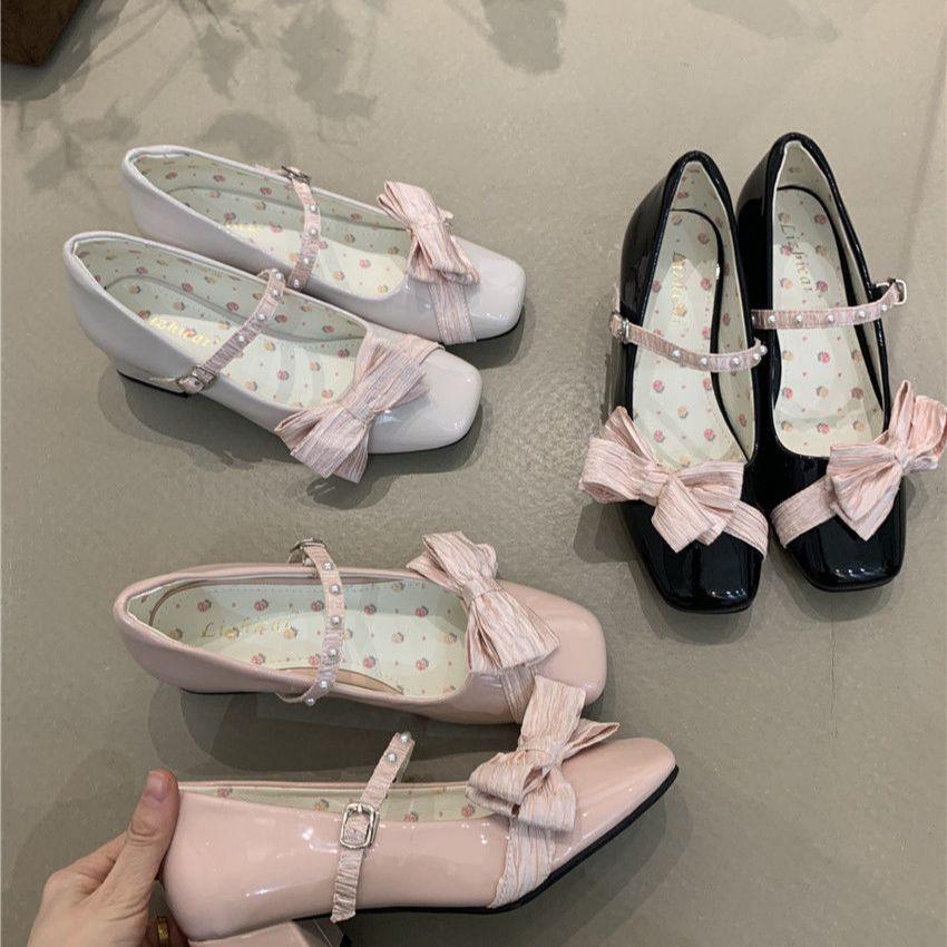 Gentle fairy style Mary Jane shoes spring French cherry pink pearl bow square head shallow mouth high heels