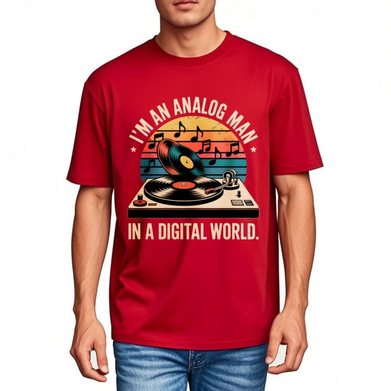 

Adult Men O Neck tshirt Brand Analog Man In Digital World Vinyl Record Turntable Music Notes Sunset Background Minimalist S