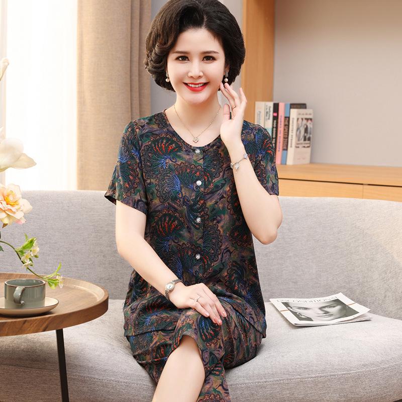 Women's Cotton Silk Short-Sleeve Pajama Set for Middle-Aged and Elderly
