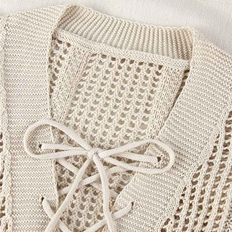 EDOLYNSA Sexy Deep V-neck Lace-up Bell Sleeve Knit Mesh Hollow Out Beach Mini Dress 2024 Summer Swimsuit Cover Up Women Casual Tunic K14