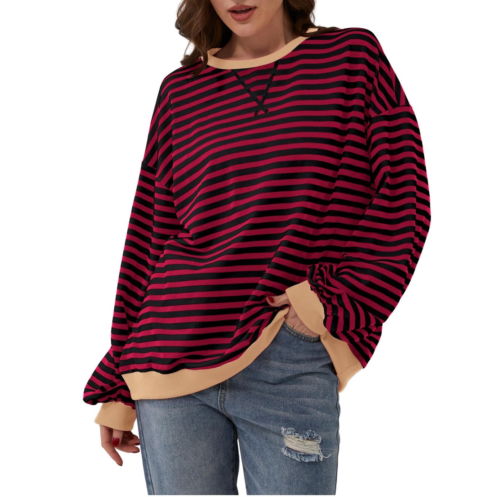 

Женская спортивная рубашка в полоску большого размера с длинными рукавами и круглым вырезом, повседневная свободная рубашка-пуловер, топ M винный