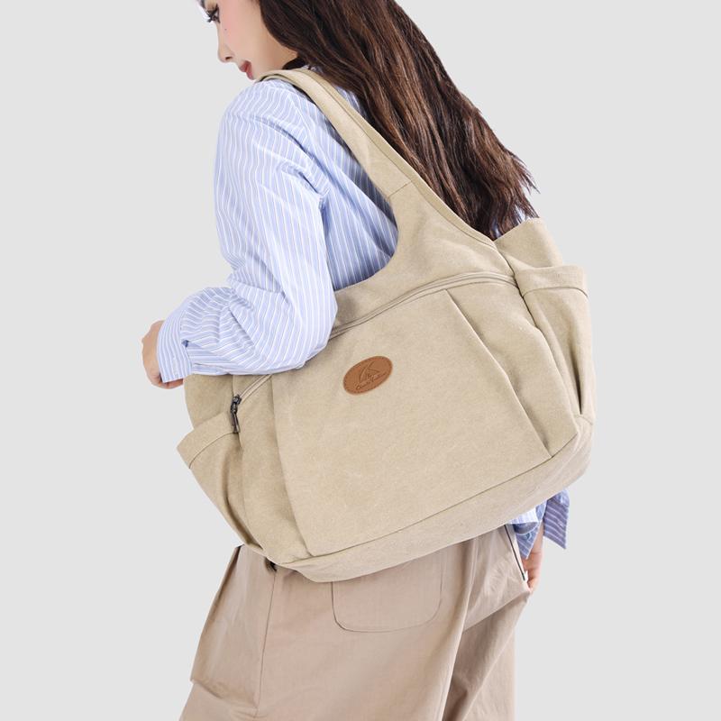 Vintage Women's Bag Large Capacity Canvas Tote Bag Solid Color Portable Shoulder Bag