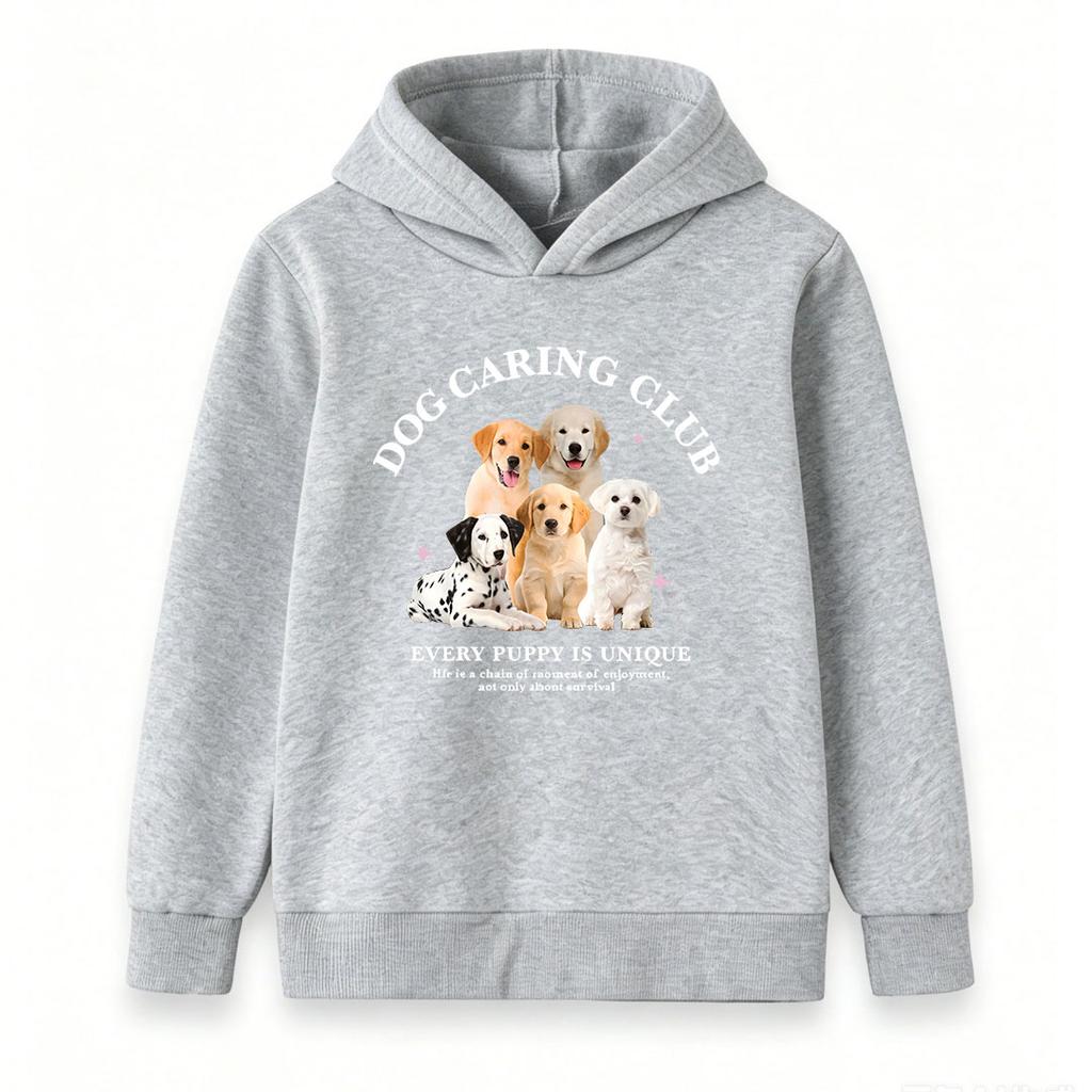 Kids Boys Girls Pullover Hoodie, Cute Dog Caring Club Pattern Sweatshirt, Every Puppy Is Unique Printed Casual Warm Hooded Top for Daily Wear