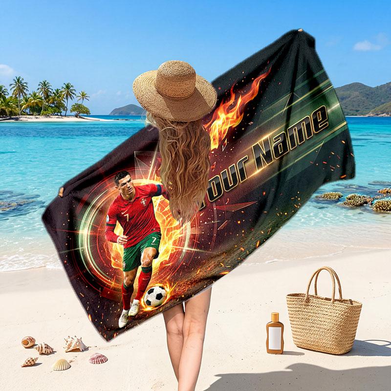 Cristiano Ronaldo Custom Beach Towel, Personalized Name Text Print, Football Logo Soft Quick‑Dry Towel Holiday Gift