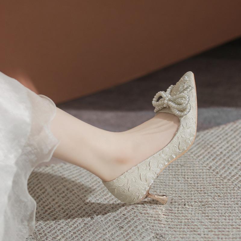 French High Heels Women's New Temperament Socialite Pearl Bow Versatile Not Tired Bride Shoes Wedding Shoes